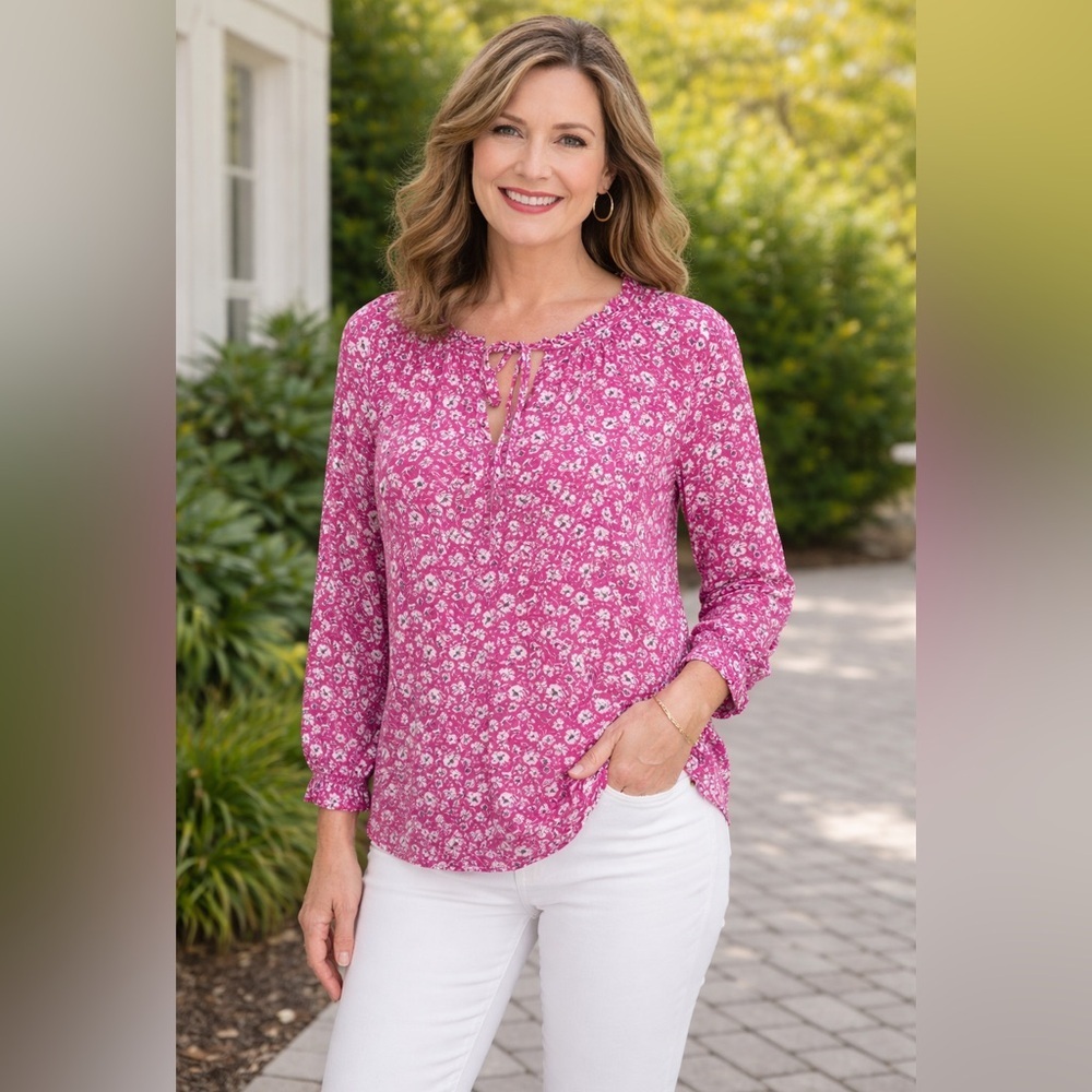 Bohemian Long Sleeve Blouse Pink with White Flowers Ruffles & Tie Front Size M